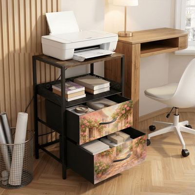 2 Drawers Nightstand with Charging Station, Bedroom Nightstand with USB Ports & Outlets Open Shelf Black, night stand with Charming Sunlit Alley Pink Flowers Mediterranean Architecture Print