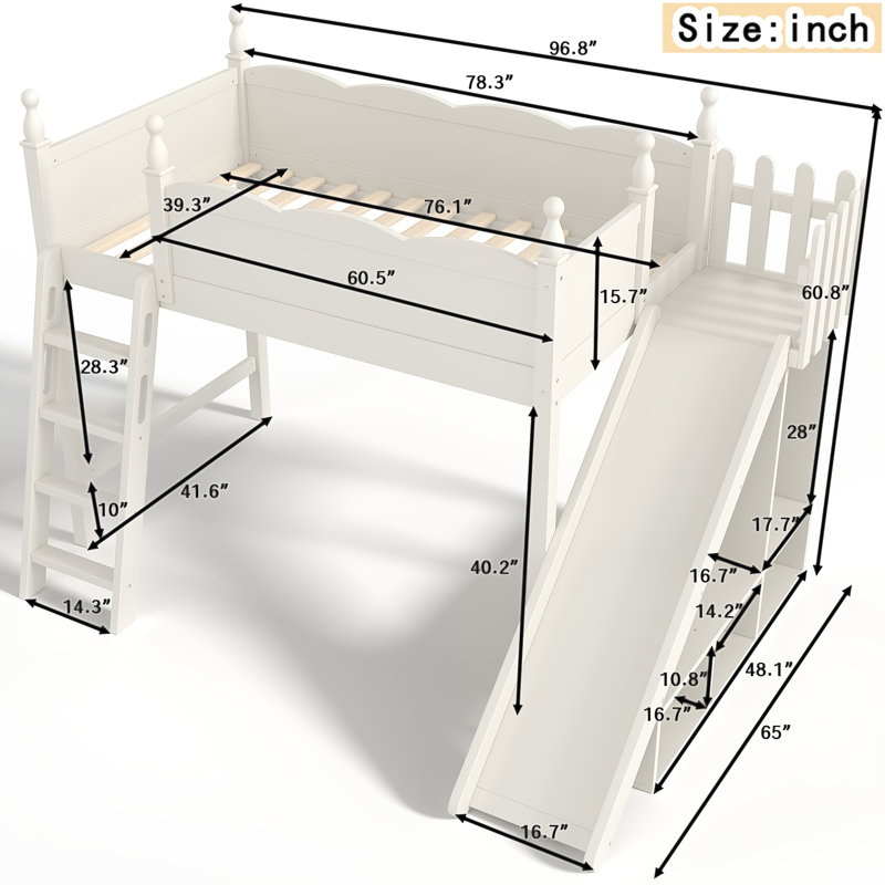 Wooden Loft Bed with Shelves, Wardrobe & Detachable Slide, Beige, Twin