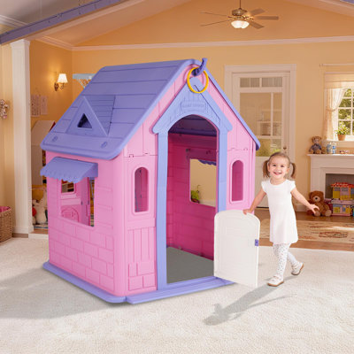 5-in-1 Kids Playhouse with Basketball Hoop, Soccer Goal, Dartboard & Ring Toss, Indoor Outdoor Cottage Playhouse for Toddlers and Kids, Pink