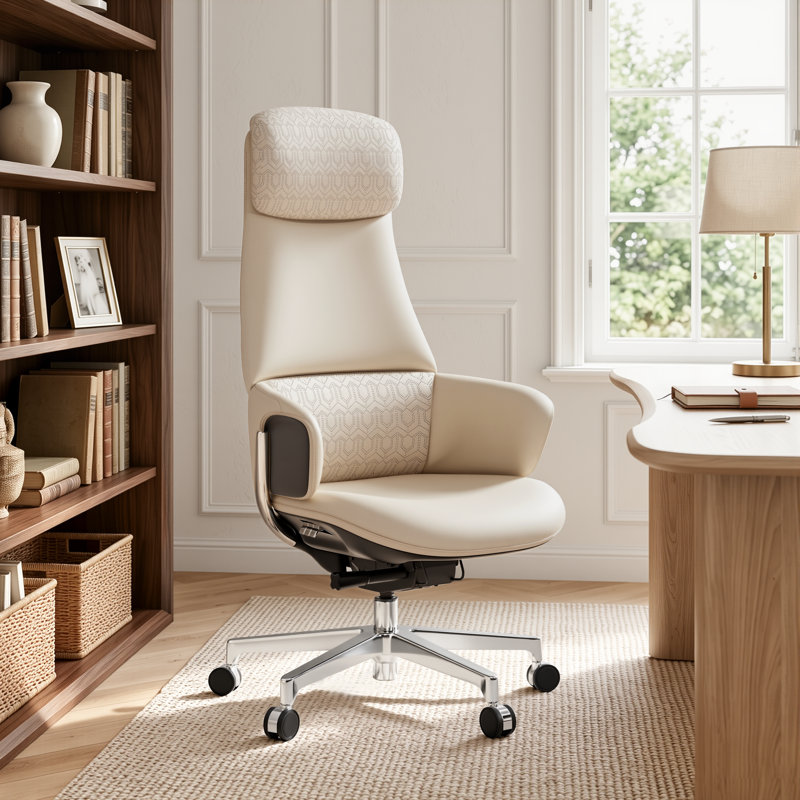 Top-Grain Genuine Leather High Back Executive Office Chair, Wide Wrapped Armrests, Height Adjustable Swivel Tilt Desk Chair (White)