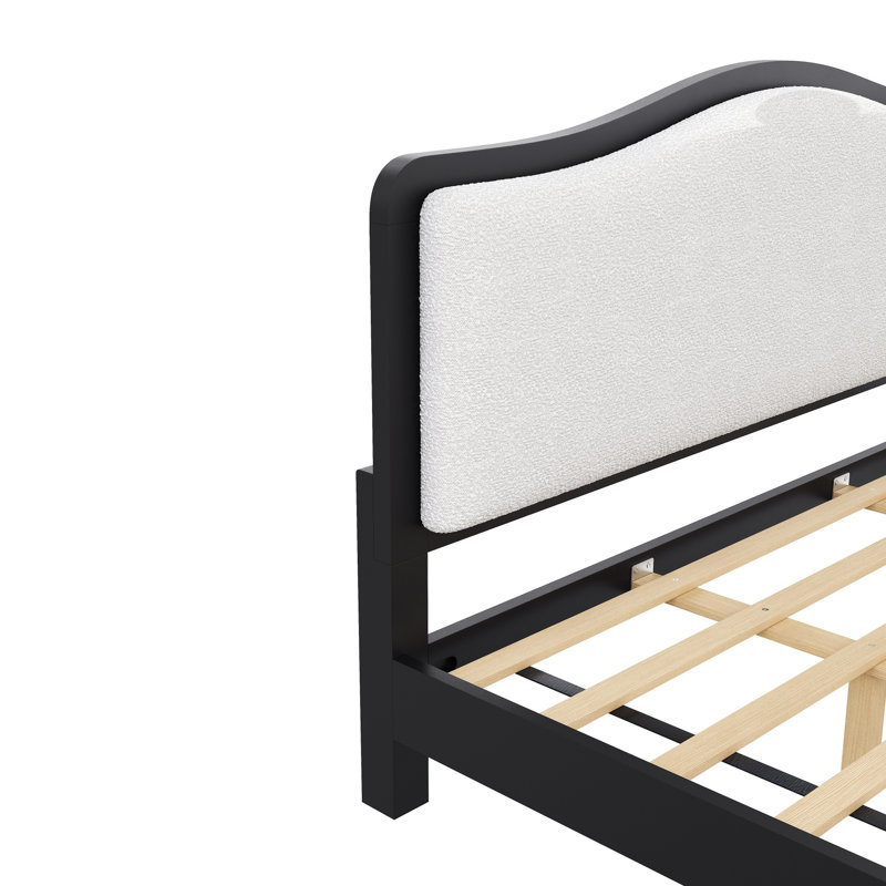 Très grand lit plateforme avec tête de lit tapissier, structure noire et tissu blanc, Noir, Très grand lit