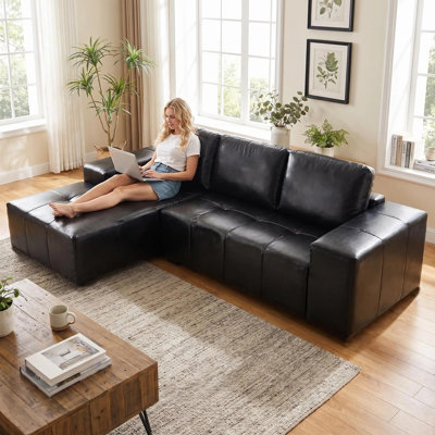 114” Boneless Leather Sectional Couches for Living Room, Brown Faux Leather Couch, Modular Cloud L‑Shaped Sofas with Spring Cushions, No Assembly Required, Cat-Claw Resistant, Right Chaise