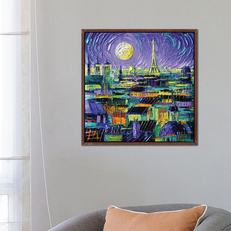 Paris Purple Night by Marianna Shakhova - Painting on Canvas, Brown Framed, 66.04 cm H x 66.04 cm W