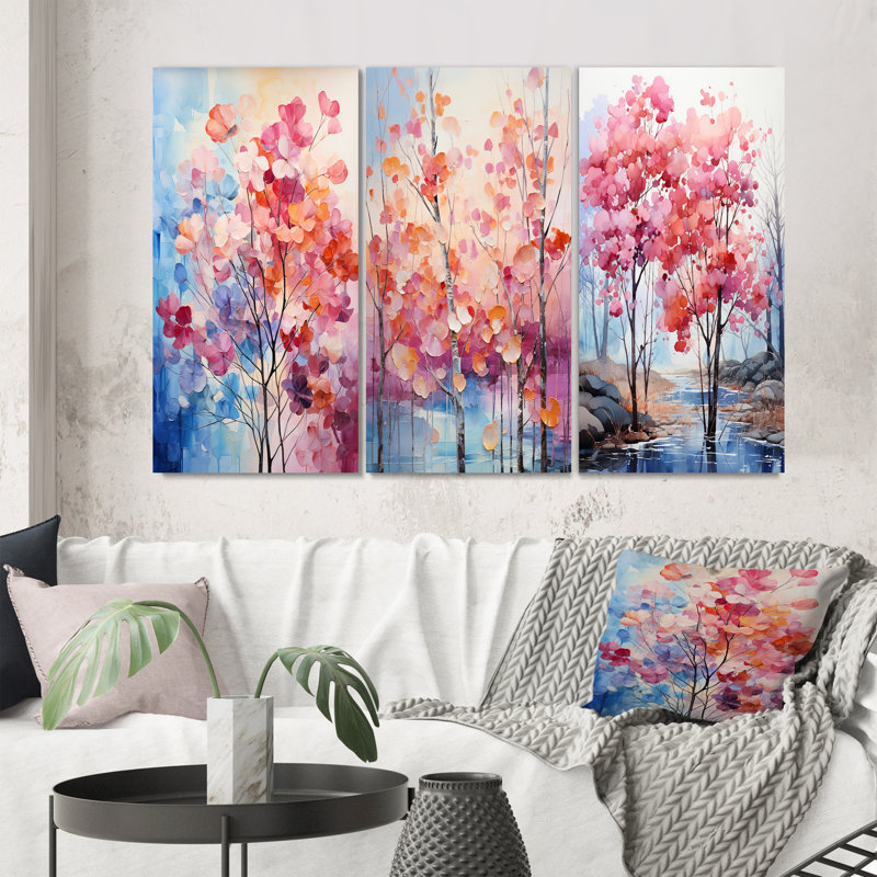 «Pink and Blue Trees Field Pointillism VI», 3 pièces sur toile, Toile tendue, H 28 po x l 36 po