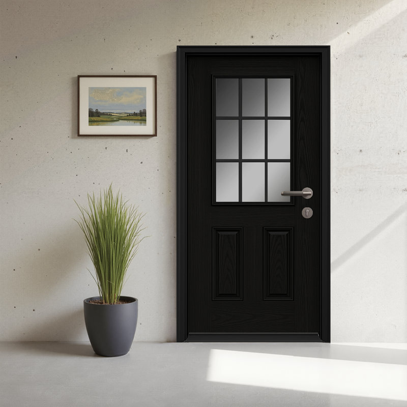 Porte d'entrée avant en fibre de verre 36 po x 36 po à 9 panneaux et 2 panneaux en verre givré, Noir, Gauche
