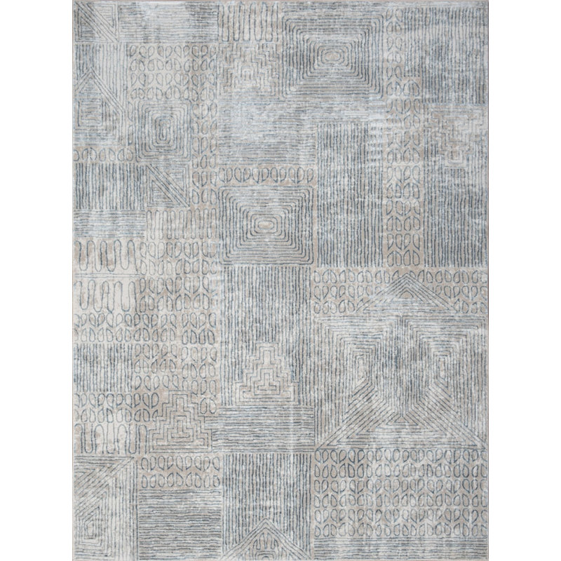 Tapis géométrique en plastique polypropylène bleu / beige Elegance, Rectangle 7 pi 10 po x 10 pi 3 po