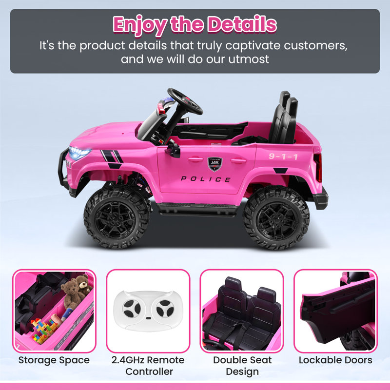 24V Pink 2-Seater Ride-On Police Truck with Remote Control