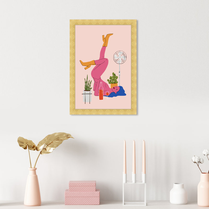Rose, pose - peinture, H 15 po x l 10 po, Papier avec cadre doré