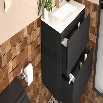 Meuble-lavabo de salle de bain avec lavabo en céramique - Meuble-lavabo mural flottant cannelé avec tiroirs, design moderne et peu encombrant