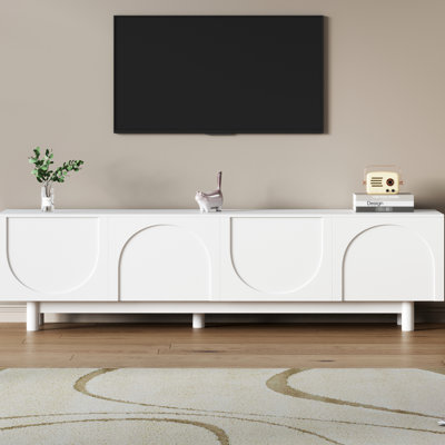 Graceful Tv Holder For 78" Screen: Minimalist, White, Solid Wood Legs, Adjustable Shelves, Space Saving Design Minimalist Stand With Arch Door Tvs: Streamlined