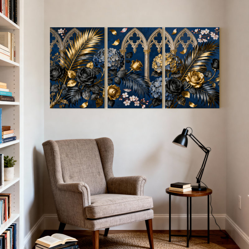 Plantes et fleurs, arche gothique bleue, ensemble de 3 impressions sur toile, H 18 po x l 12 po