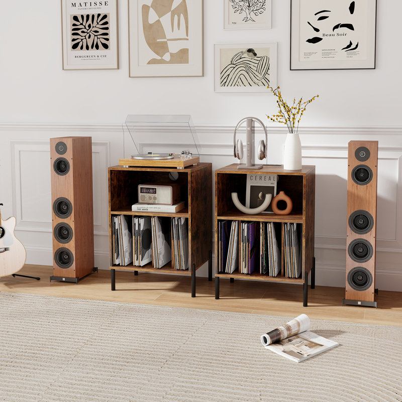 Record Player Stand w/Charging Station 5 Storage Compartments Anti-toppling Kits, Coffee