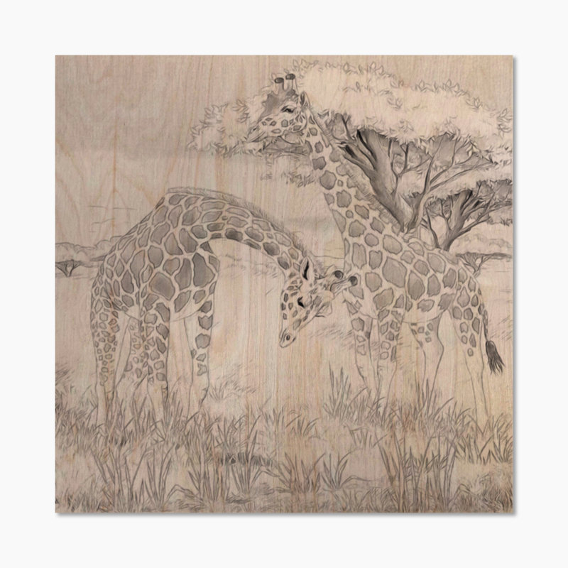 Girafes noires et blanches en safari - impression traditionnelle sur bois, H 30 po x l 30 po x P 1 po