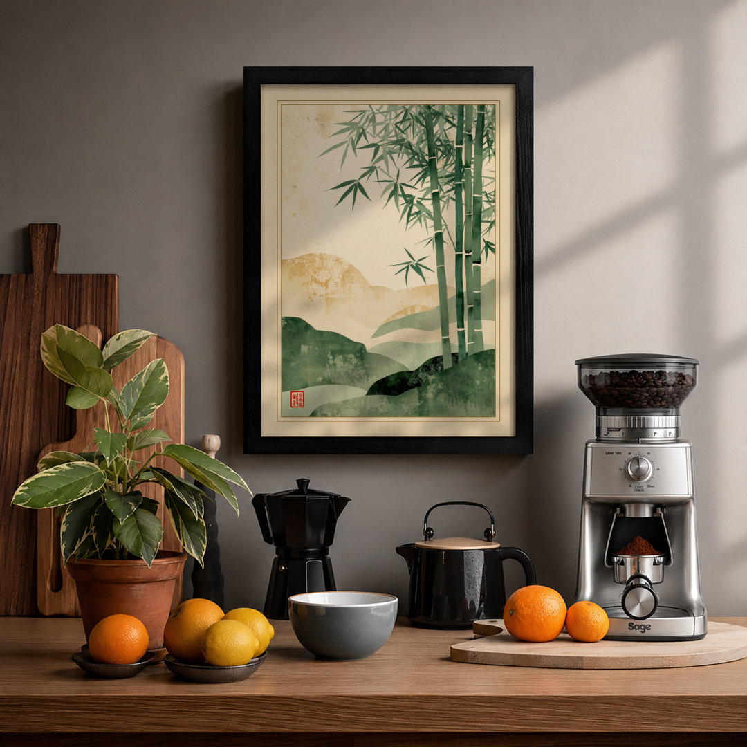 Bamboo and Distant Mountains Japandi Framed Art Print