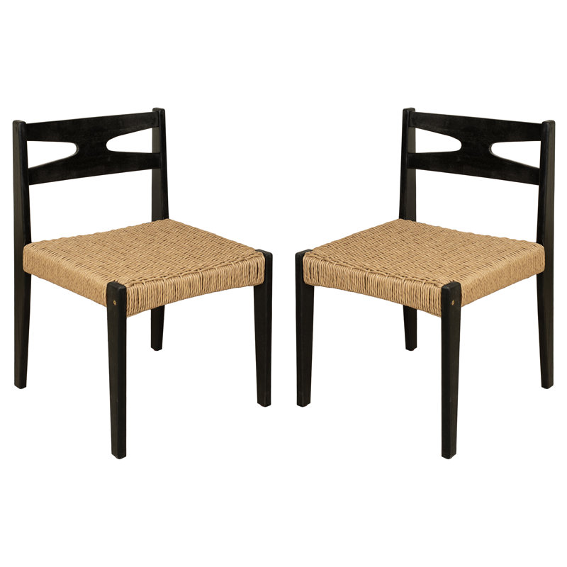 Chaises de patio en bois massif de style Mid-Century avec siège en osier tissé à la main Ziven, Noir