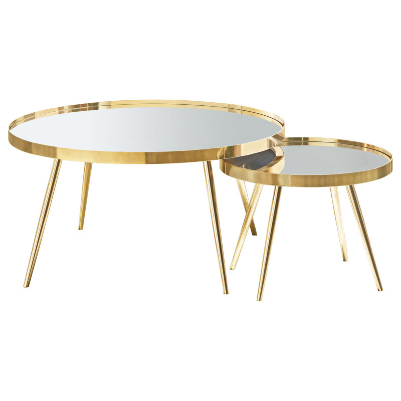 Iulian Refined Finish - Tobey 2-Piece Round Mirror Top Nesting Coffee Table Gold