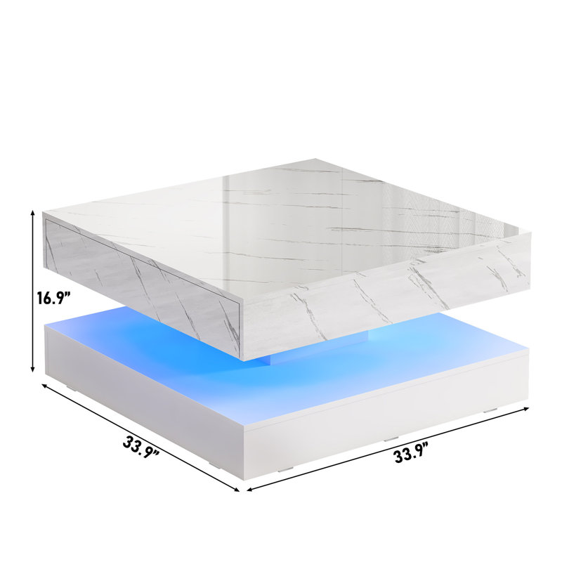 33.9" LED Coffee Table with Storage, Modern High Glossy Living Room Table with 2 Drawers, Double-Layer Design Large Square Center Table