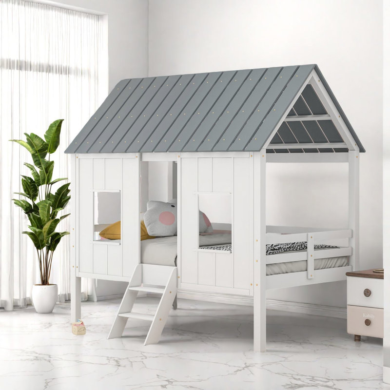 Lit mezzanine robuste avec toit et fenêtres pour enfants Pinewood
