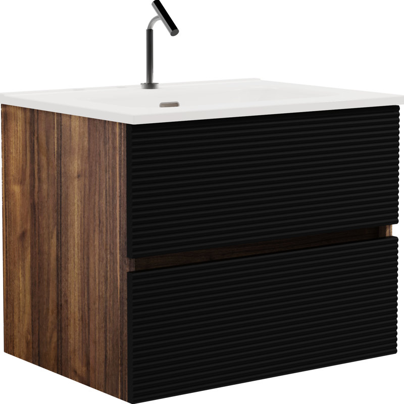 Meuble de salle de bain moderne de 24 po - Noir doux et noyer. Lavabo à débordement en céramique. Espace de rangement abondant, lavabo à fermeture silencieuse avec trop-plein. Fonctionnalité intérieure généreuse