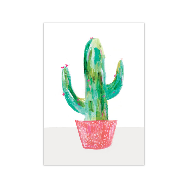Painted Cactus In Coral Plant Pot by Laura Irwin - Print, 84cm H x 59.4cm W x 3cm D, No Framed