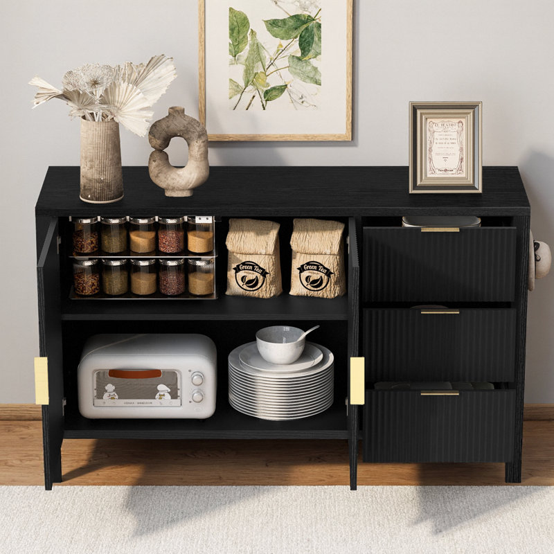 Amarilys 55.1'' Modern Wave-Pattern Buffet Cabinet Sideboard With 3 Drawers, Black