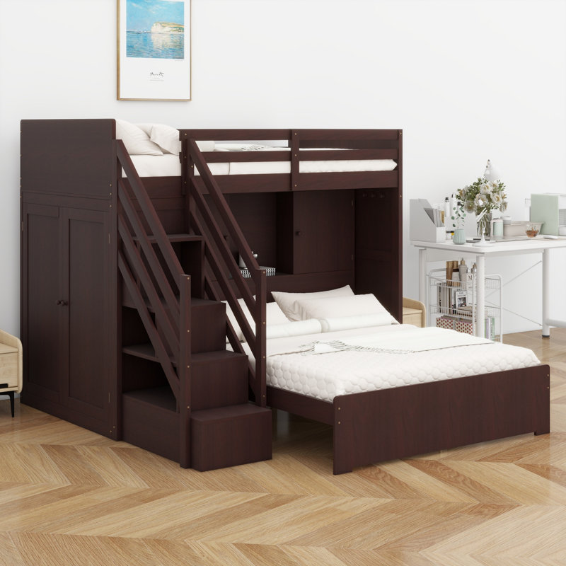 Lit superposé pour enfants et adolescents avec escalier de rangement, garde-robe, lumière USB et DEL, Espresso