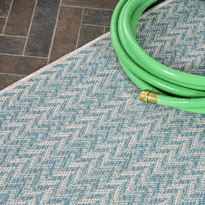 Chevron Modern Concentric Squares Aqua/Light Gray Indoor/Outdoor Rug, Runner 2' x 8'