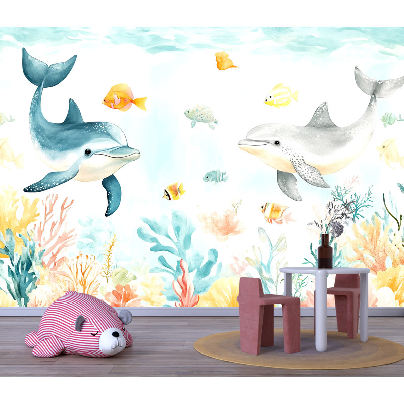 Murale dauphin - Papier peint de chambre de bébé océan avec récif de corail et poisson coloré, L 145 po x l 100 po