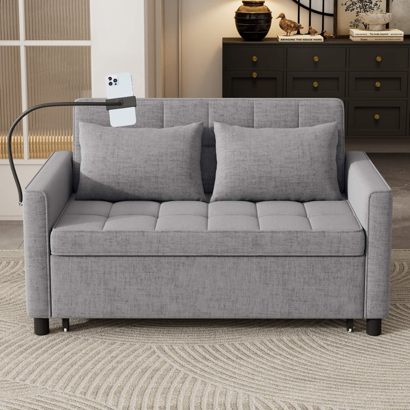 57" Convertible Loveseat Sofa, Pull-out Sofa Bed with Reversible Backrest Cushion & USB Ports for Living Room, Gray