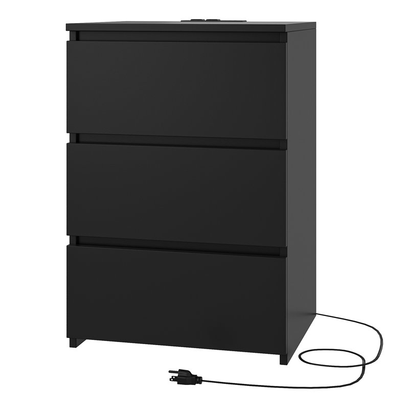 Arieyonna 26"H Nightstands with Outlets & USB Ports, 3 Drawers, Black, Black