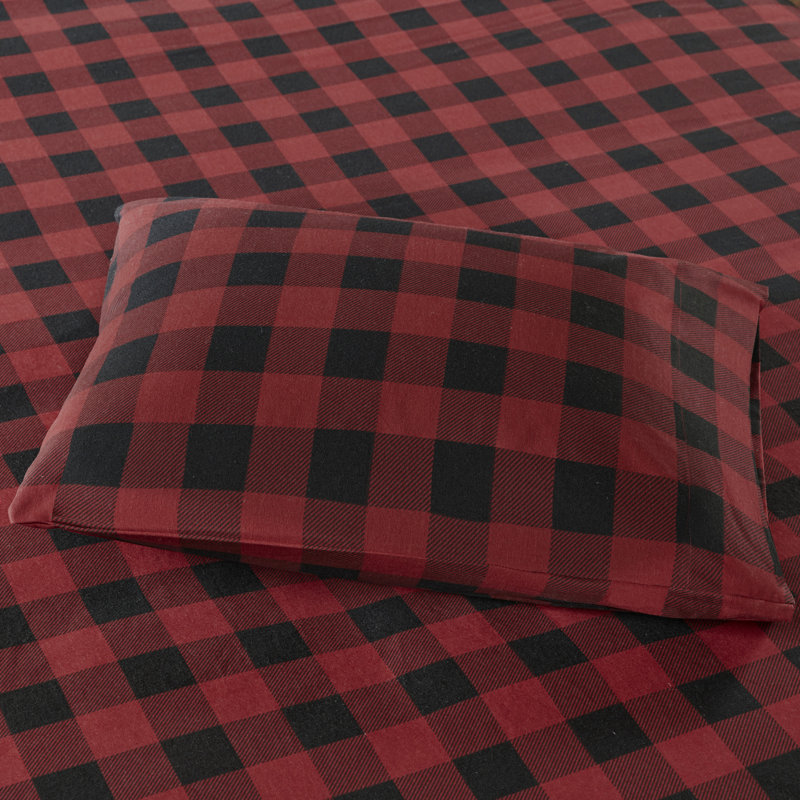 Ensemble de draps en flanelle 100% coton Woolrich, Ensemble de draps pour très grand lit avec 2 taie, Carreauté rouge / noir