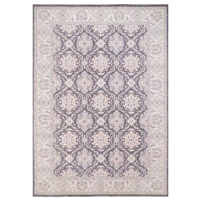 Hand Knotted Wool Area Rug in Dark Gray And Ivory
