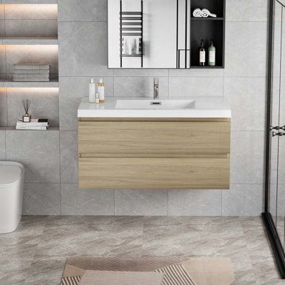 Meuble-lavabo mural de 42 po avec lavabo, meuble-lavabo mural moderne avec lavabo en résine et tiroirs à fermeture douce, chêne naturel