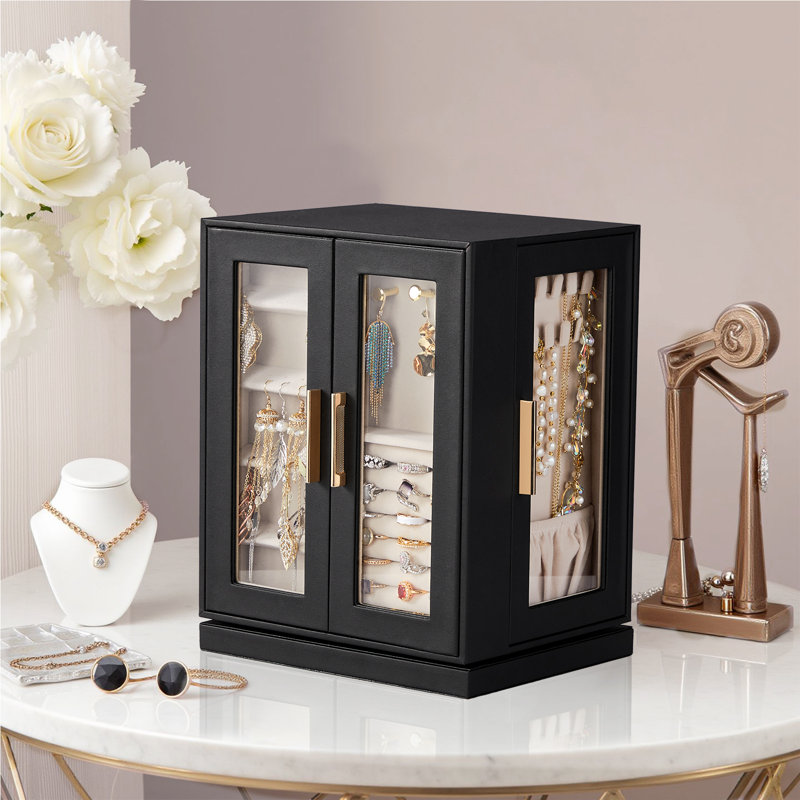 FCH Quad View With Storage 5 Drawers Rotatable Black Cabinet Pink Velvet Jewellery Case