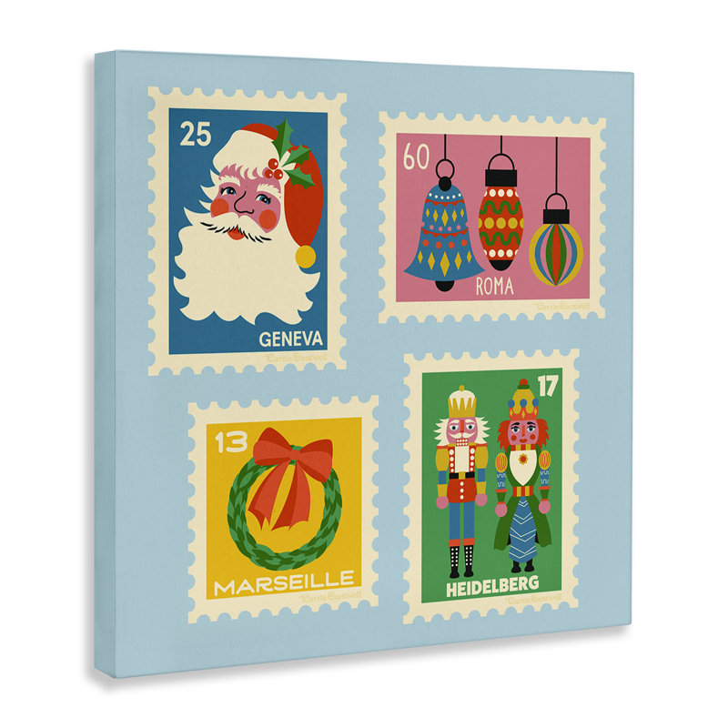 Timbres de Noël rétro sur toile, design par Carrie Cantwell, H 24 po x l 24 po