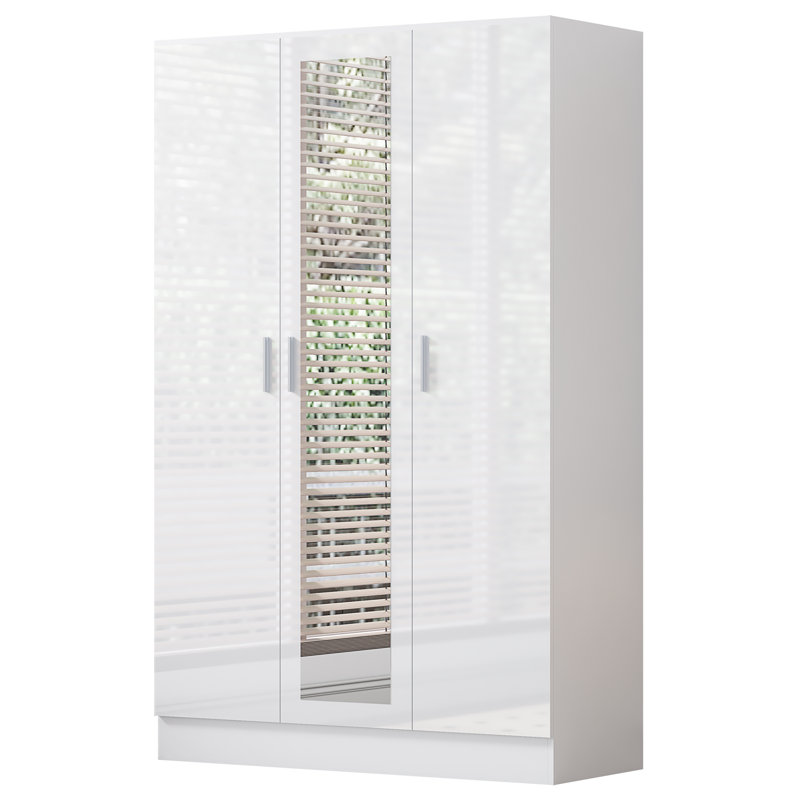 Eva High Gloss Mirrored 3 Door Wardrobe - H: 180cm x D: 47cm x W: 113cm, Matte White/Gloss White