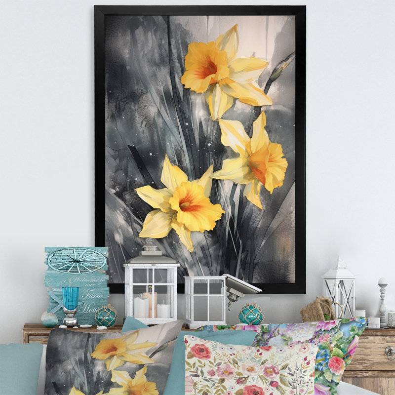 «Yellow Gray Natures Daffodils Impression II» sur toile, H 44 po x l 34 po x P 1,5 po, Cadre photo noir