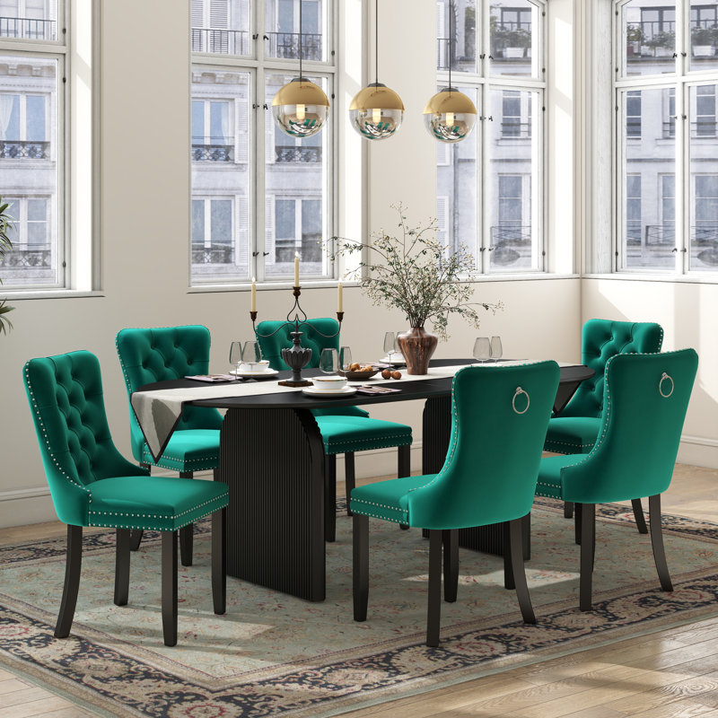 Ensemble de salle à manger Mid-Century, Noir, 7 pièces : table, 6 chaises, Vert