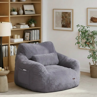 Oversize 46" Faux Fur Tufted Compression Bean Bag Chair with Pillow & Pocket, Memory Foam Filled