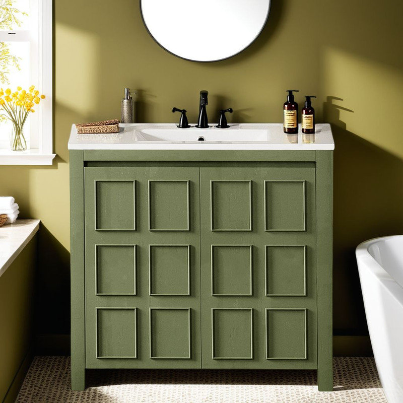 Meuble-lavabo rustique 36 po - finition vieillie, lavabo en céramique, fermeture en douceur?, Vert