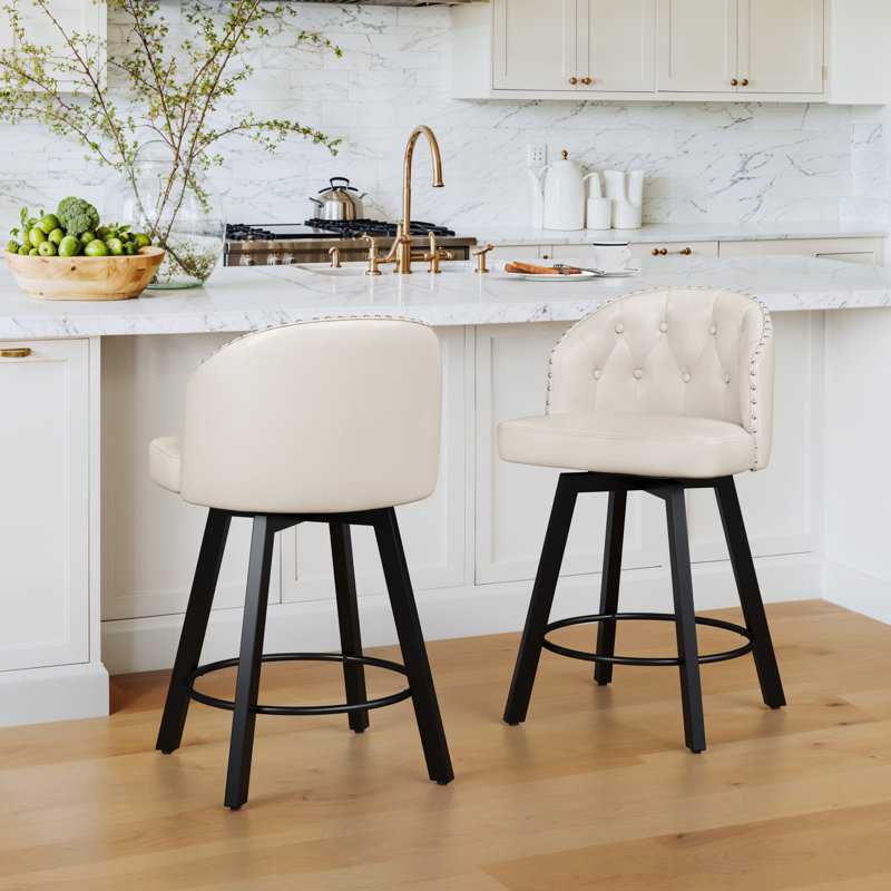 Tabouret de comptoir pivotant 26 po avec dossier , Blanc / similicuir