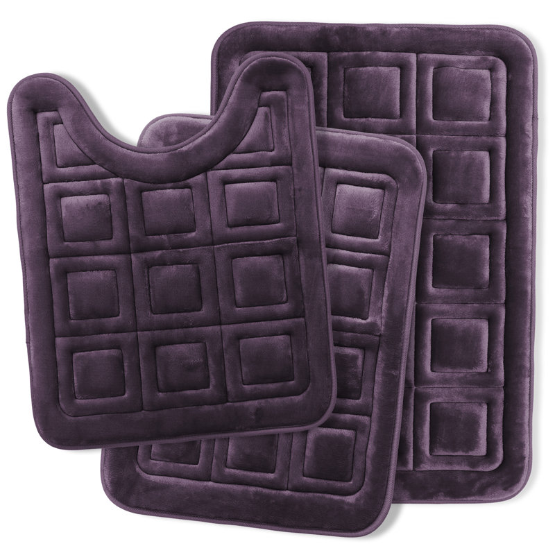 Ensemble de 3 tapis de bain gaufrés en mousse viscoélastique absorbante ultra douce, Mauve aubergine