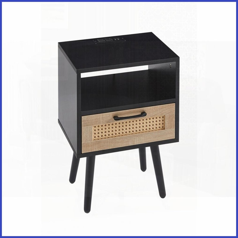 Table basse en rotin noir avec pieds en bois massif, Power & amp; USB, facile à nettoyer pour le salon, Noir/naturel