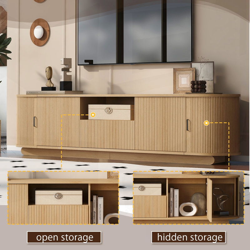 Meuble télé avec tablette ouverte, tiroir, armoires, rangement coulissant caché, coins arrondis, étanche, convient aux téléviseurs de 70 à 75 po