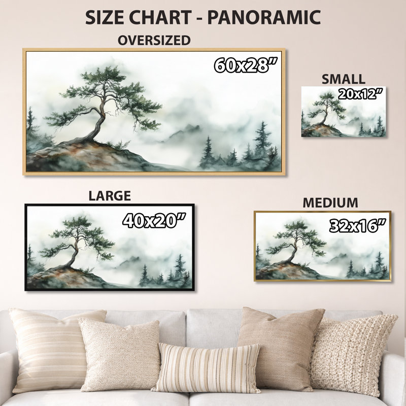 «Bonsai vert dans les montagnes», reproduction d'art encadrée zen, H 28 po x l 60 po, Cadre flottant brun