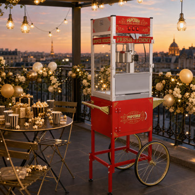 Machine à maïs soufflé rouge rétro avec chariot de rangement, roues de vélo et armoire pour le cinéma maison