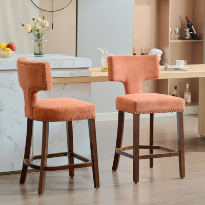 39"H Counter Height Bar Stools Set Of 2, Farmhouse Solid Wood Dining Side Chair With Copper Nails Around, Linen Fabric Upholstered Accent Chair Curved Backrest For Living Room