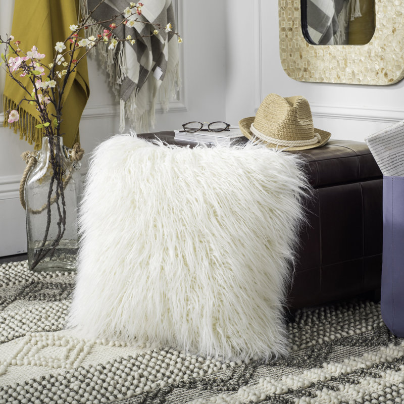 Ivory Faux Flokati 20" Square Plush Fur Pillow