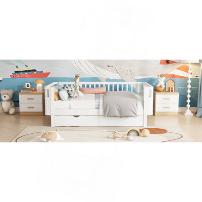 Wood Platform Bed for Kids with Safety Rails and Ample Storage