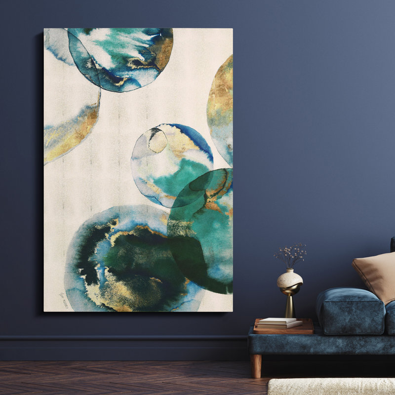 «Aqua Spheres», cercles abstraits sur toile chagrine dorée, art mural